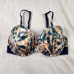 VS PINK Wear Everywear T-shirt Lightly Lined Demi Bra - Blue Orange Tie Dye 34D